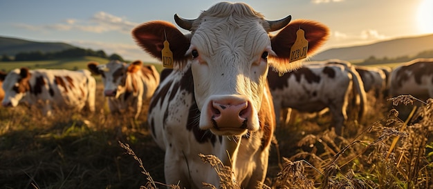 Free Photo cows grazing on a mountain meadow at sunset closeup