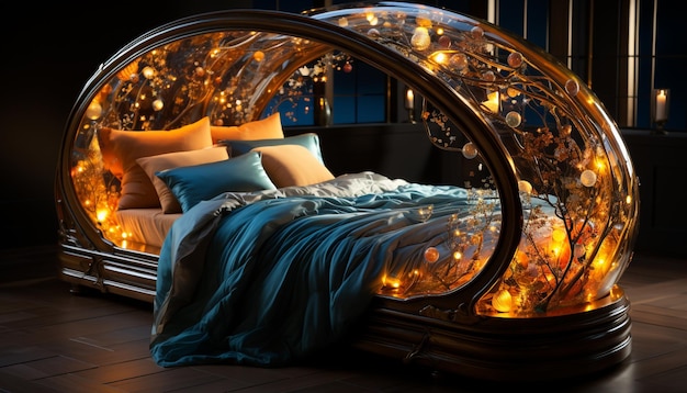 Free Photo cozy bedroom illuminated by modern lamp exudes comfort and elegance generated by artificial intelligence