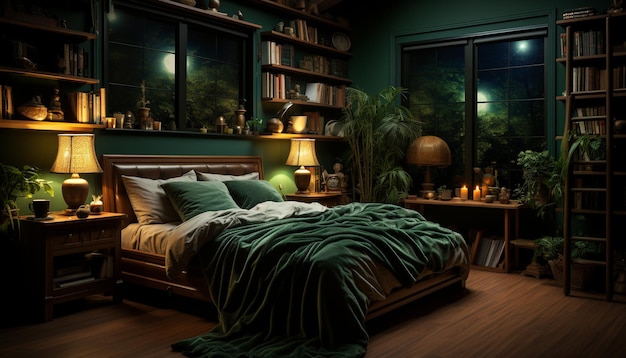 Free photo cozy bedroom with modern elegance illuminated by electric lamp generated by artificial intelligence