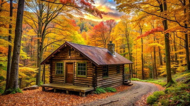 Free photo cozy cabin nestled in a colorful autumn forest