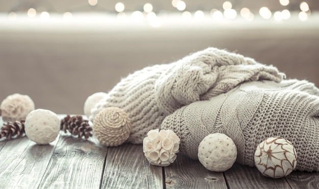 Cozy Christmas decorations on a wooden table