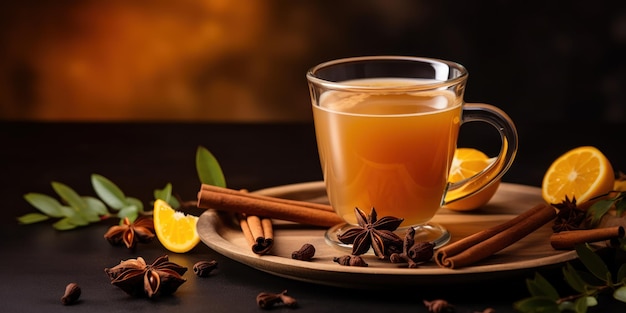 Free photo a cozy cup of cinnamon tea with cinnamon sticks and powder beside it