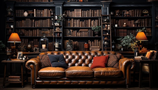 Free photo cozy living room with old fashioned bookshelf and comfortable sofa generated by artificial intelligence