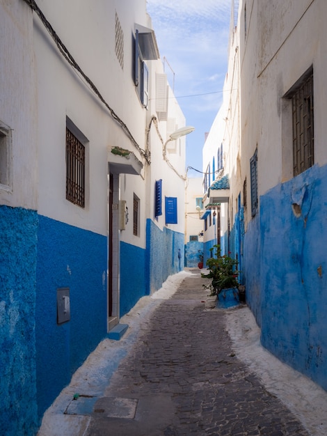 Cozy streets in blue and white on a sunny day in the old city Kasbah of the Udayas