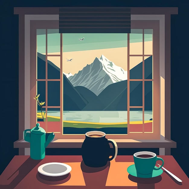 Free photo cozy window with view with mountains illustration cartoon flat style