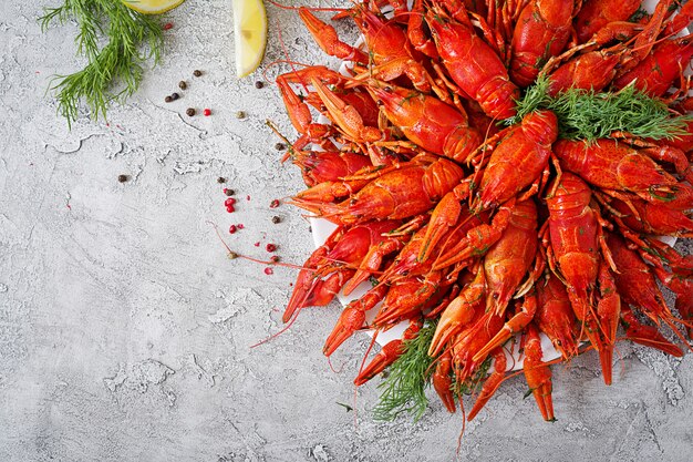 Crayfish. Red boiled crawfishes on table in rustic style, closeup. Lobster closeup. Border desig. Top view