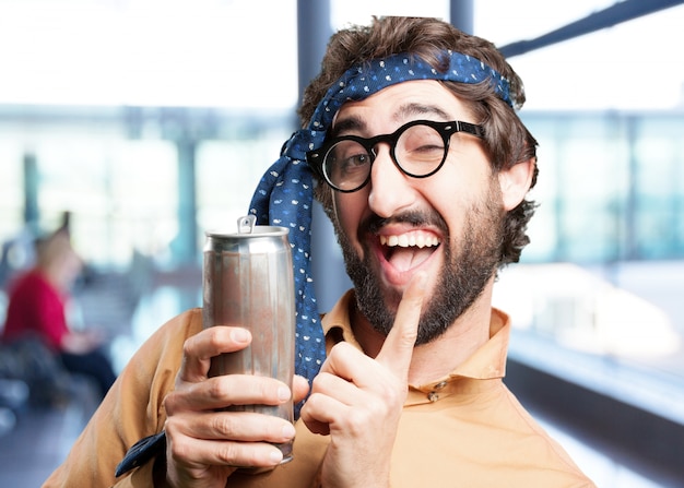 crazy man with beer.funny expression