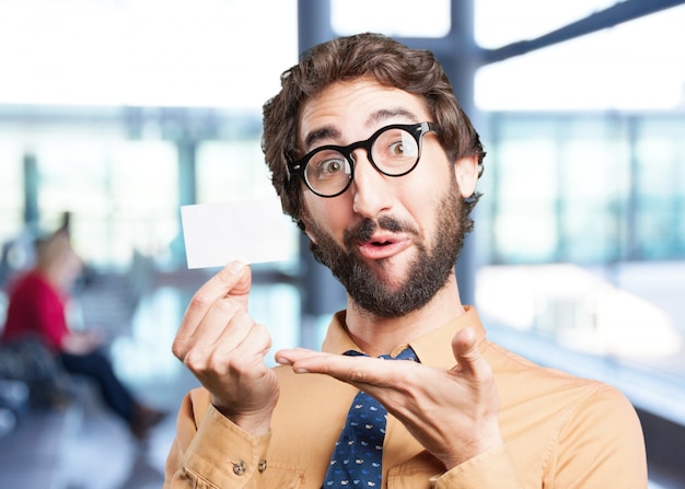 Free photo crazy man with name card.funny expression