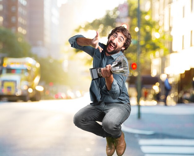 crazy young man jumping. happy expression