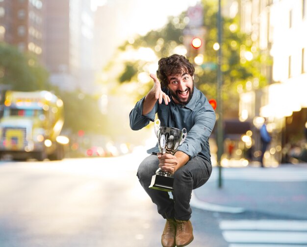 crazy young man jumping. happy expression