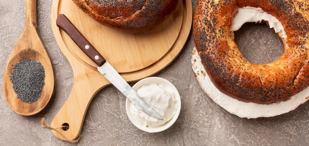 Cream cheese and bagel top view