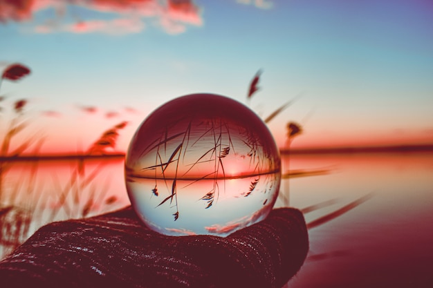 Free Photo creative crystal lens ball photography of a lake with tall greenery around