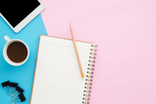 Creative flat lay photo of workspace desk