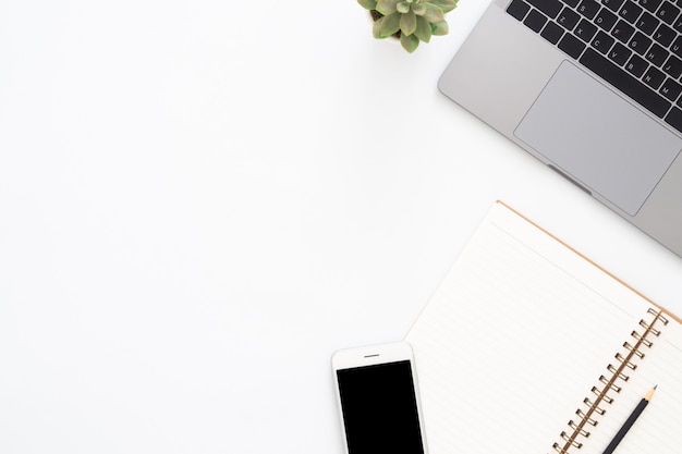 Creative flat lay photo of workspace desk