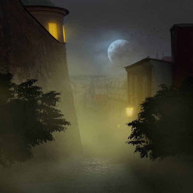 Free photo creepy scene with moon and fog