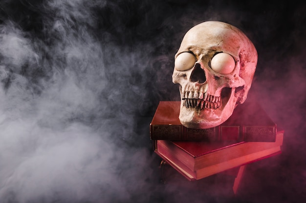 Free photo creepy skull on books pile in smoke