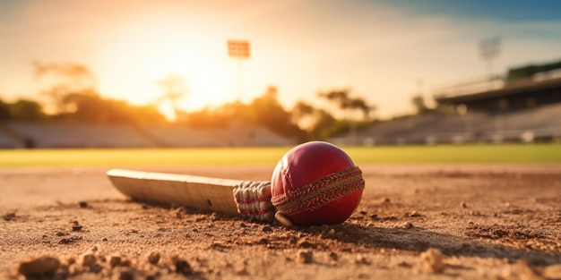 Free photo cricket bat and ball in the foreground pitch behind