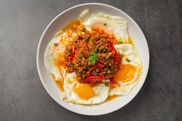 Crispy Omelet Topped With Minced Pork and Mixed Vegetables Sauce