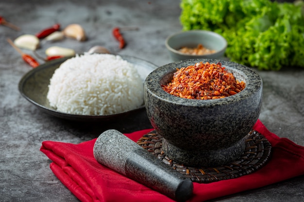 Crispy pork paste mixed with beautiful decorative ingredients, Thai food.