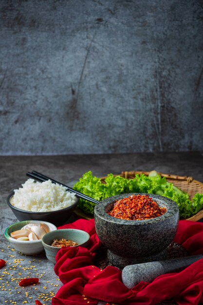 Crispy pork paste mixed with beautiful decorative ingredients, Thai food.