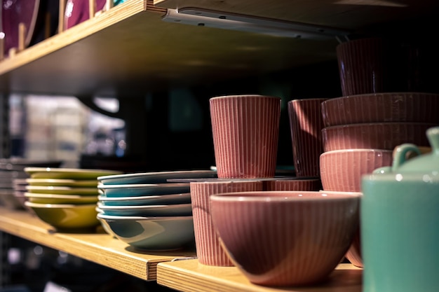 Crockery on the showcase of a store of things for the home