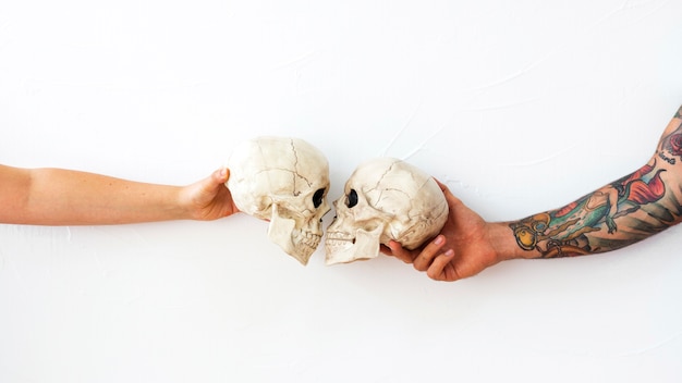 Free Photo crop arms making skulls kiss