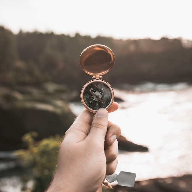 Crop hand with vintage compass