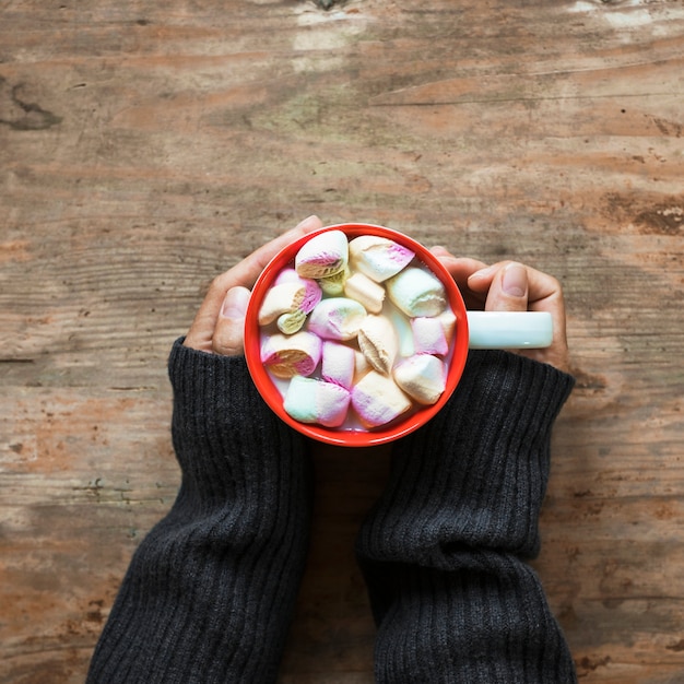 Crop hands with mug of hot chocolate