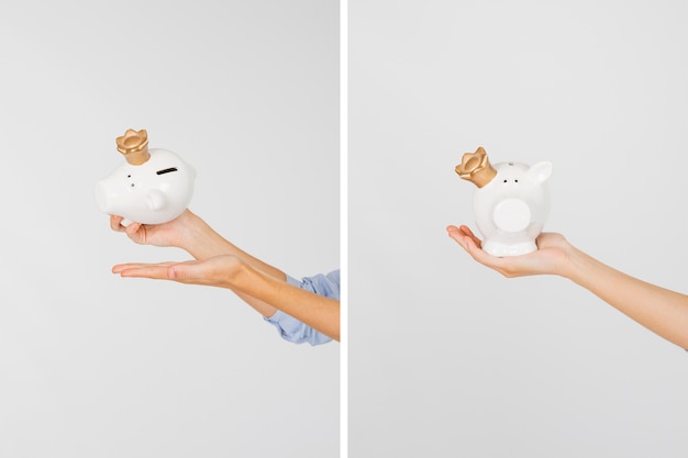 Free Photo crop hands with piggy bank