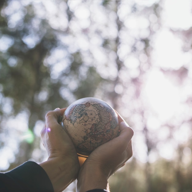 Free photo crop hands with small globe in nature