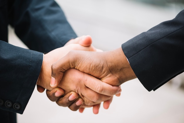 Crop men shaking hands