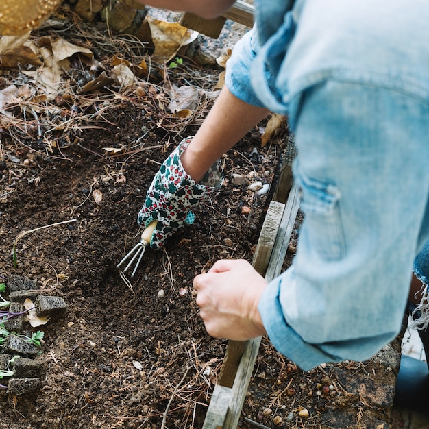 Crop woman digging soil