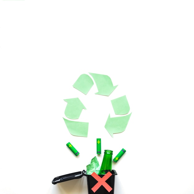 Crossed garbage bin with recycle symbol