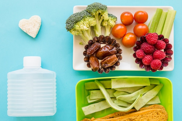 Crouton and bottle near healthy food