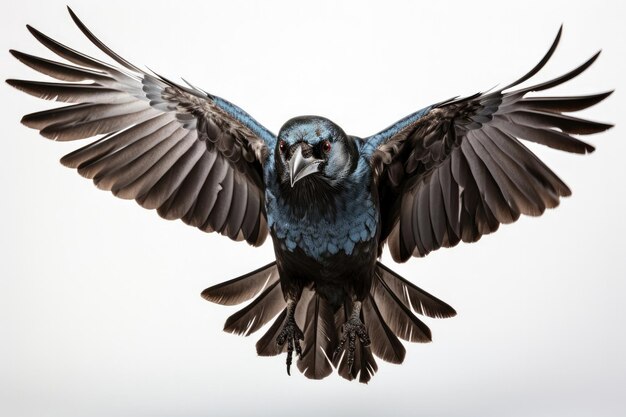 A crow flying on white background