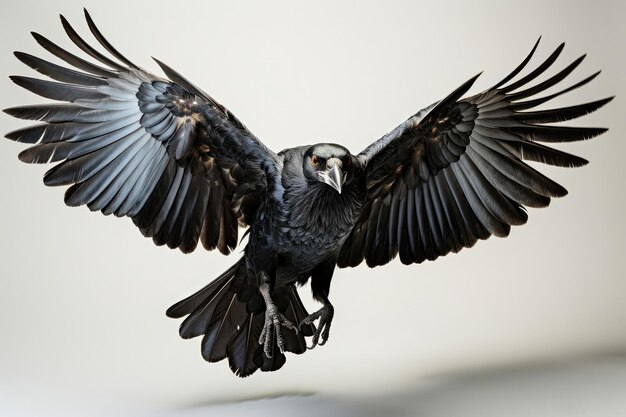 A crow flying on white background