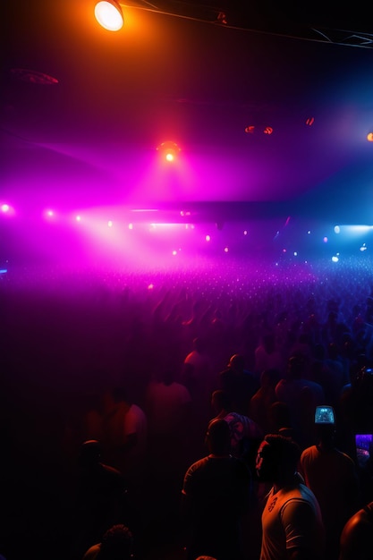 A crowd of people are gathered in a club with a pink and purple light.