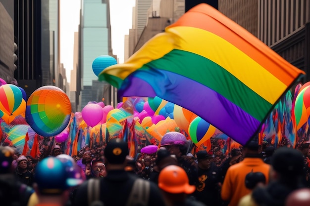 Free photo a crowd of people with rainbow balloons in the background