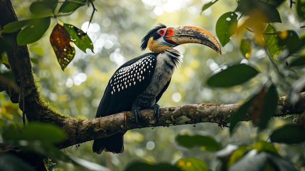 Free photo crowned hornbill perched on a sturdy branch surveying its lush kingdom below