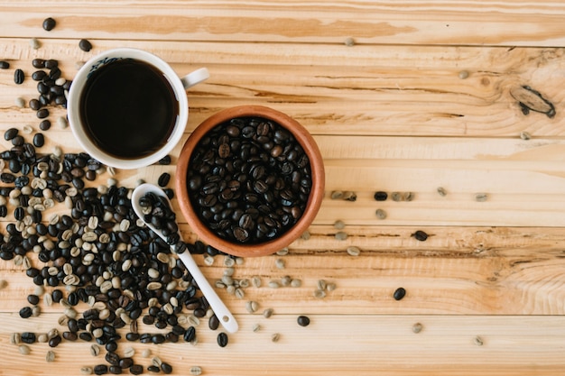 Cup of coffee and coffee beans