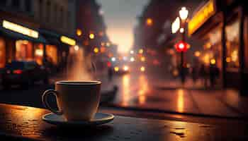 Free photo a cup of coffee on a table in front of a street with a city lights in the background