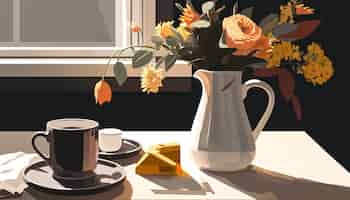 Free photo a cup of coffee and a vase of flowers generative ai