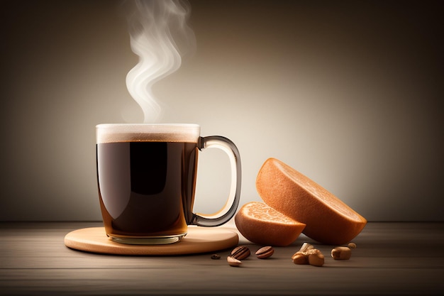 A cup of coffee with a piece of bread next to it