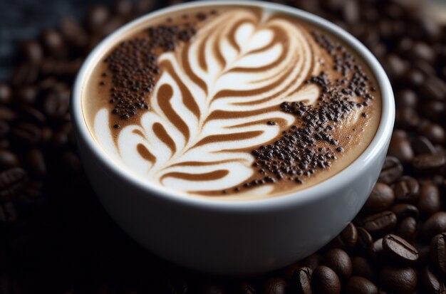 Cup of coffee with roasted coffee beans