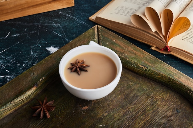 A cup of coffee in a wooden tray. 