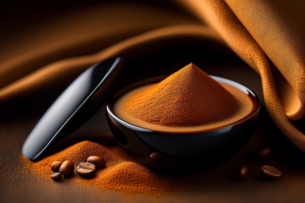 A cup of orange turmeric powder sits next to a coffee beans.