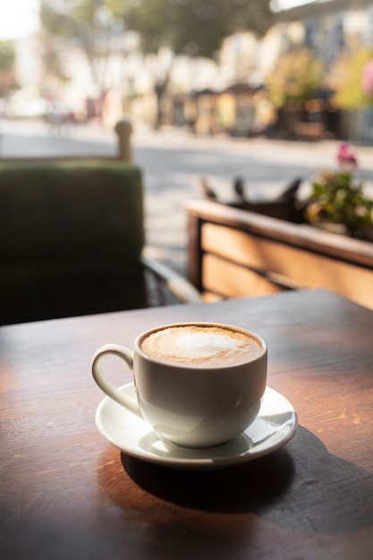 Cup with delicious coffee on table