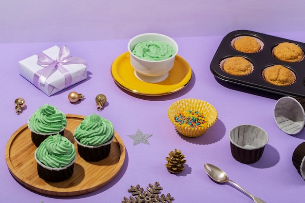 Cupcakes assortment on purple background