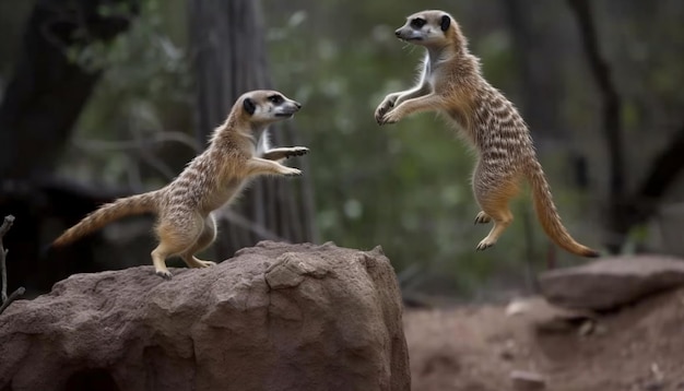 Free photo curious lemur and meerkat stare outdoors together generated by ai