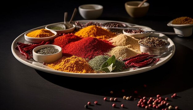 Free photo curry collection in multi colored bowl adds heat generated by ai